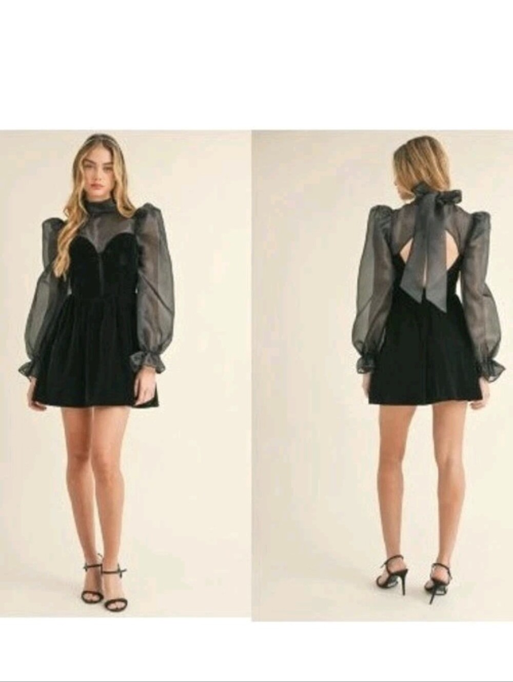 MABLE Black Velvet Corset Mini Dress Sheer Puff Sleeve Cutout Back Size S